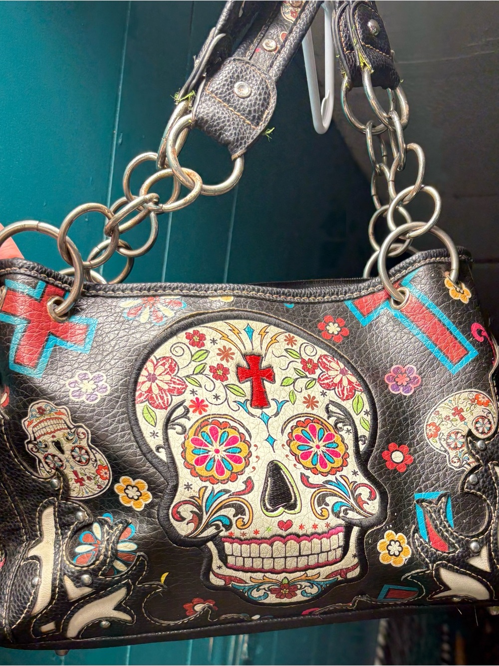 Black Floral Sugar Skull Shoulder Bag with Chain-Link Straps